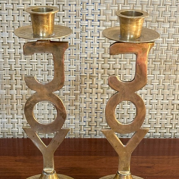 🎄🌟HP🌟VTG 1995 2 Handmade Solid Brass J-O-Y Candlestick Holders Int Silver - Picture 2 of 10